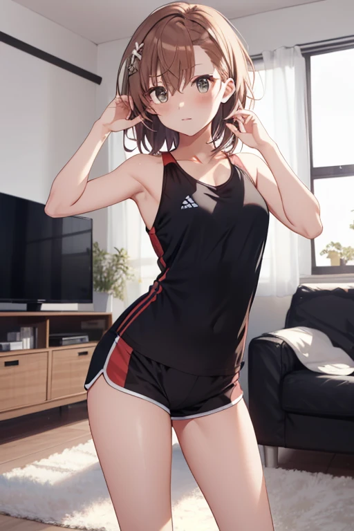 1 girl, I&#39;Iは大きなジムにいる, cheerful and active girl, short bob,　brown hair, Girl with a soft atmosphere，pink and white on top,　Lightweight hoodie, The bottom is black and long., leggings, Wearing sportswear，bright smile, 　1 autograph。