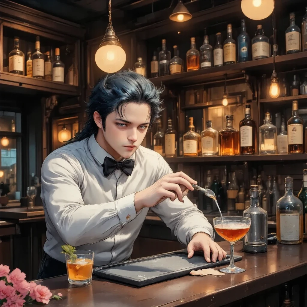  hideout, bar,vintage,cat bartender,1boy is Rei