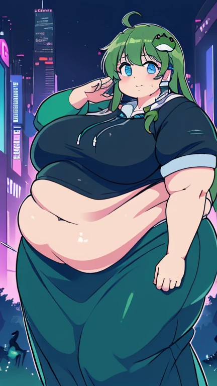 masterpiece, best quality, highest quality, perfect anatomy, perfect face, perfect eyes,
aqua hair, brabulladbgt, red hairband, red gloves, blue eyes, skirt, hoop earrings, choker, sexy pose, bbw, plump, large belly, large breasts, large thighs, love handles, wide hips, weight gain