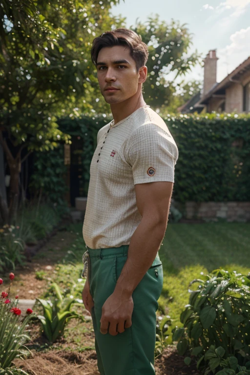A 22 year old Handsome hot gay boy wearing British outfit with green eyes, curly hairs, White colour skin, clean shave and sitting on the banch in the front of Lahore Fort 