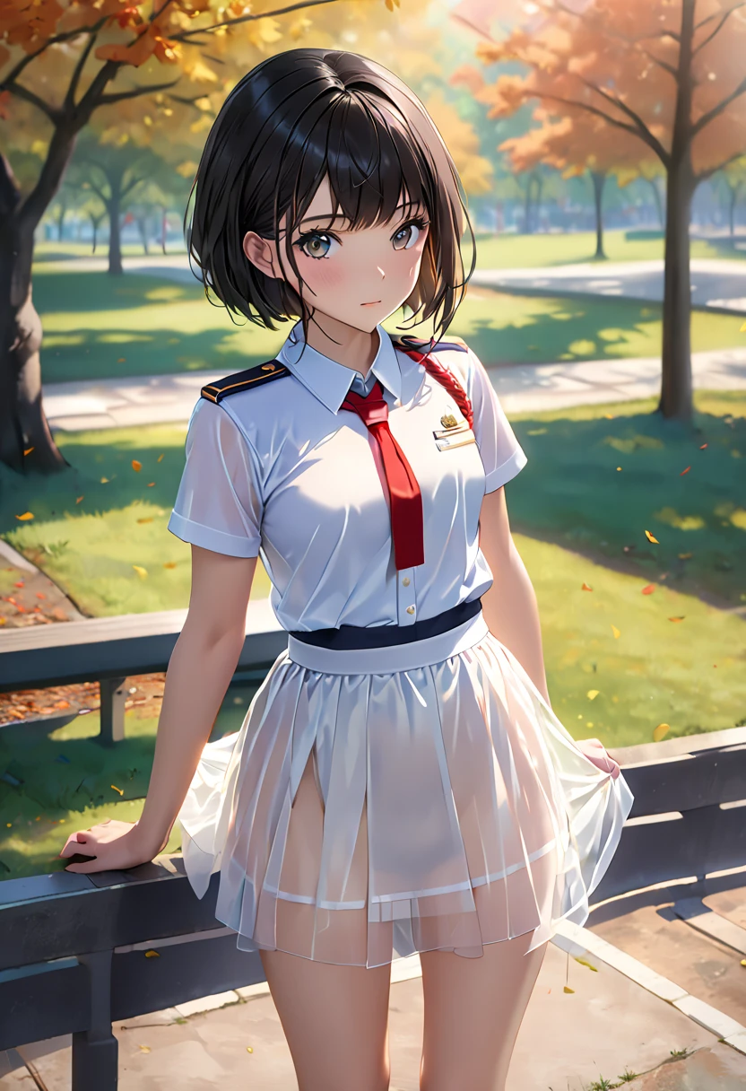 1girl, solo, white polo shirt, white sneakers, tennis wear, white miniskirt, masterpiece, best quality, realistic, hyper-detailed, (shiny skin, sweaty:1.4), absurd, looking at viewer, short black hair, brown eyes, slender, dynamic lighting, high resolution, sharp focus, depth of field, detailed eyes, sharp pupils, realistic pupils, (small breasts:1.6), (thick thighs:1.0), outdoor, sky