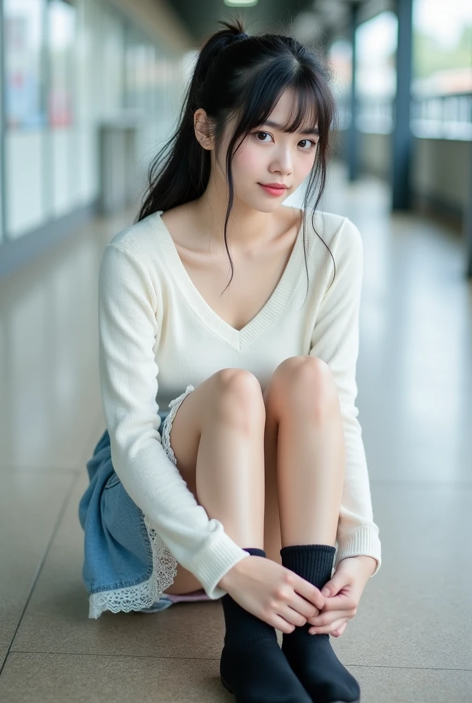 laughter:1.5、I can see white pants:1.5,Brown hair short cut with side waves:1.5,