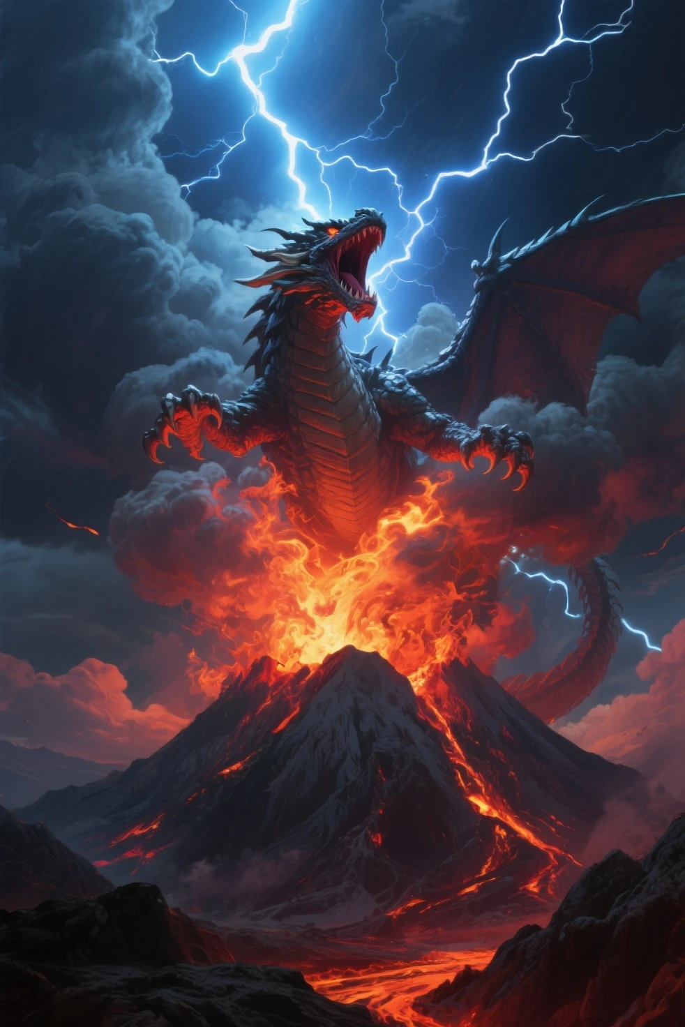 The black dragon hangs high on the top of the volcano,Wings spread,Roar at the sky gods。The Celestial God looked down on the roaring black dragon with contempt。