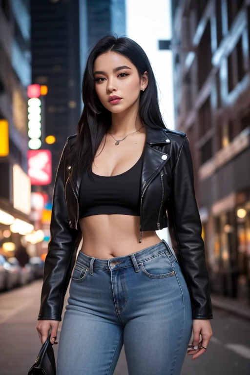 80s european woman metal singer, cabelo preto, sunglasses, peito grande, dark jeans, rivets, trousers, cinto, com arma grande. corpo completo.