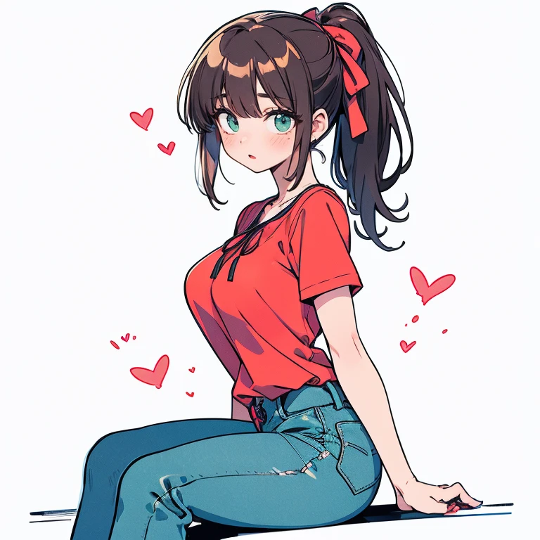 Girl with very long dark blond hair, dark turquoise eyes, red skirt, white tshirt, ssmile