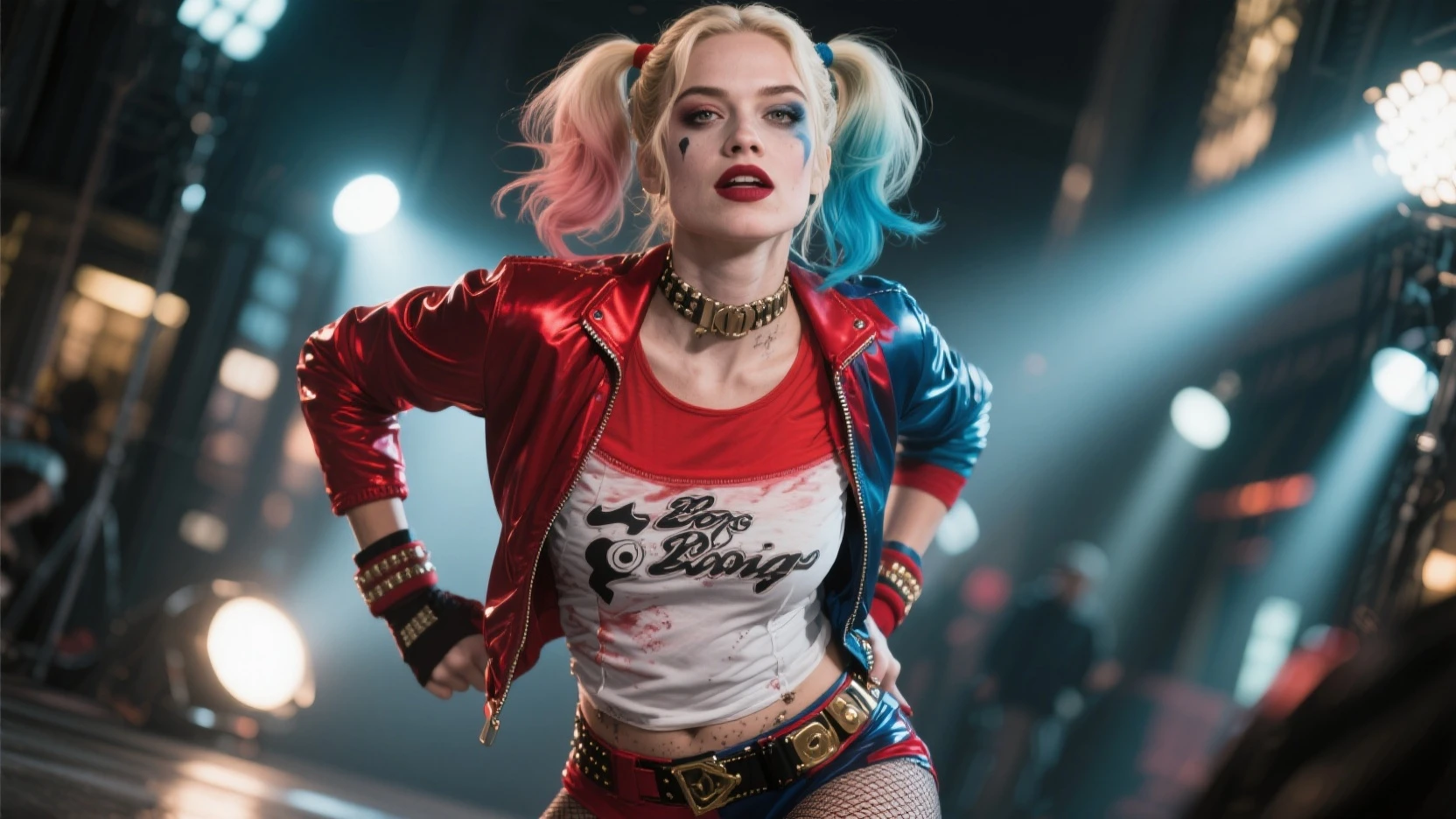 there is a woman sitting on a motorcycle in a parking garage, harley quinn, margot robbie as harley quinn, harley queen, of harley quinn, film still of harley quinn, elizabeth olsen as harley quinn, harley quinn film still, gal gadot as harley quinn, emma watson as harley quinn, harley quinn standing, kim kardashian as harley quinn, lady gaga is harley quinn maryms,Best Quality,(beauty),masterpiece, 1girl,phisically-based render ,ultra highres,narrow waist, skinny,big eyes,long legs,(small breasts),puffy eyes, night,(rainy city), shiny skin, facing viewer, fighting stance, (make a fist),firm expression,
