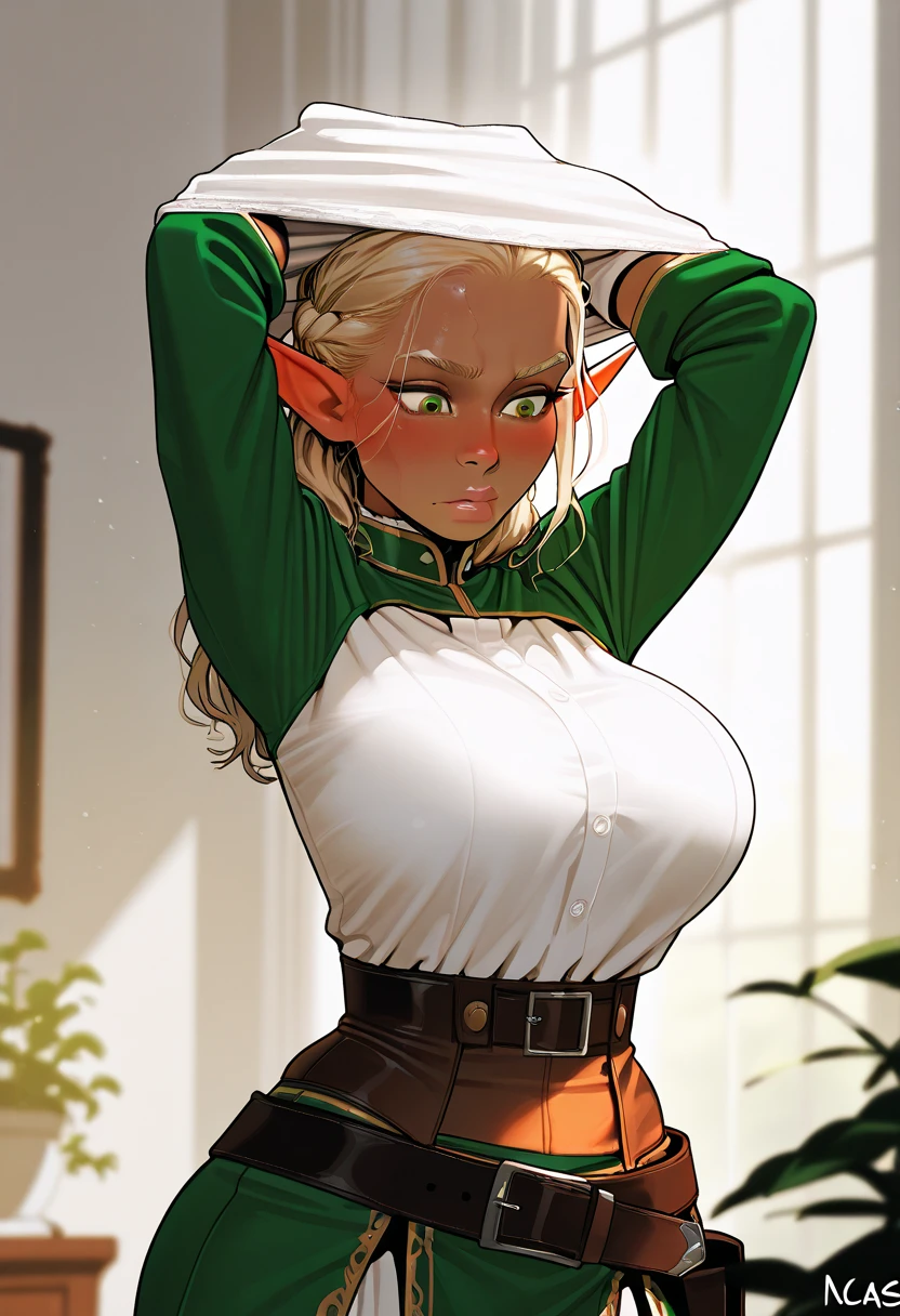 ((ultra quality)), ((masterpiece)), Evangeline - dedicated, Featured Style, ((blonde with short hair)), (Beautiful face), (beautiful female lips), (elven long ears), charming, ((sexy facial expression)), looks at the camera, eyes slightly open, (skin color white), (White skin), glare on the body, ((detailed beautiful female eyes)), ((dark green eyes)), (juicy female lips), (Dark eyeliner), (beautiful female hands), ((ideal female figure)), Ideal female body, beautiful waist, gorgeous thighs, beautiful medium size breasts, ((Slim and beautiful)), sexual value (face close up), (Evangeline in Black - Wakfu Season 1, clothes from the first season of the animated series, white top) background: the forest, ((depth of field)), ((clear high quality image)), (clear details), ((High detail)), really, professional photo shoot, ((clear focus)), anime