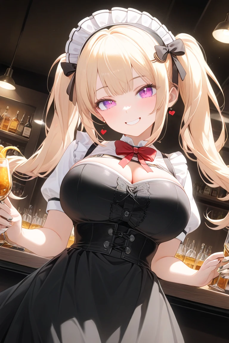 最high quality、best image quality、masterpiece、age girl((20-year-old、 By becoming、vest bust、medium bust,wide open breast tea、shining eyes, blonde hair、long hair、thin,highest valley、ponytail、Bartender costumes、mini skirt、holding a wine bottle、smile、black gloves、chest holder、breastfeeding、leaning forward)),high quality、beautiful art、background((night bar))debris flies、Depth of written boundary、movie、visual art、perfect art、8k,genuine、