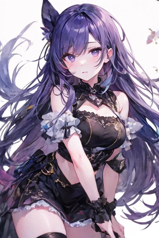 masterpiece, perfect, 1girl, long hair, white thighhighs, black hair,coral,pointy ears, blue horns,grey eyes, blue eyes, multicolored hair,head fins