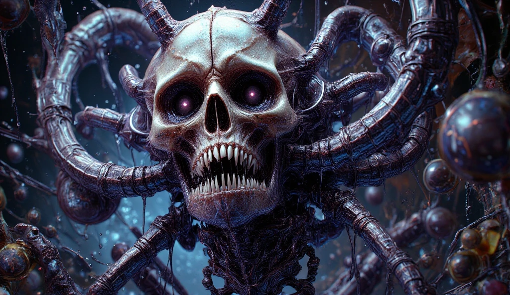 best quality, masterpiece,
a monster,human head, octopus tentacles, naga, skeleton, 
elden ring,