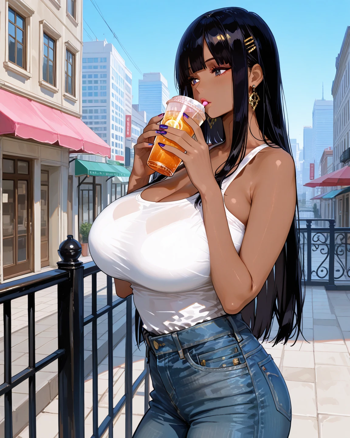 (masterpiece, best quality, highres, detailed, realistic:1.2), african american woman, ager, young, (gigantic breasts:1.5), (bursting breasts:1.2), strap top, thin, slender, skinny, slim, (nervous smile:1.3), shy, withdrawn, cute, innocent, milkshake parlour, holding a milkshake, braided hair