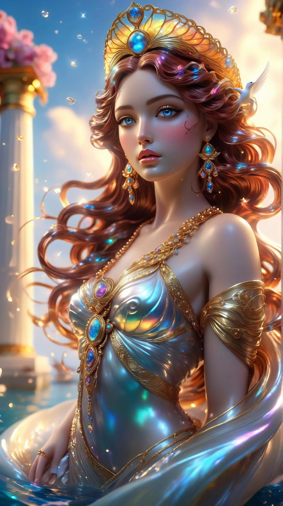 a beautiful detailed goddess, highly detailed hyperrealistic 2D digital art, inspired by ancient greek sculpture of the venus de milo, elegant flowing dress, graceful pose, serene expression, dramatic lighting, ornate details, intricate patterns, vibrant colors, glowing skin, luxurious jewelry, volumetric lighting, photorealistic, 8k, high resolution, masterpiece