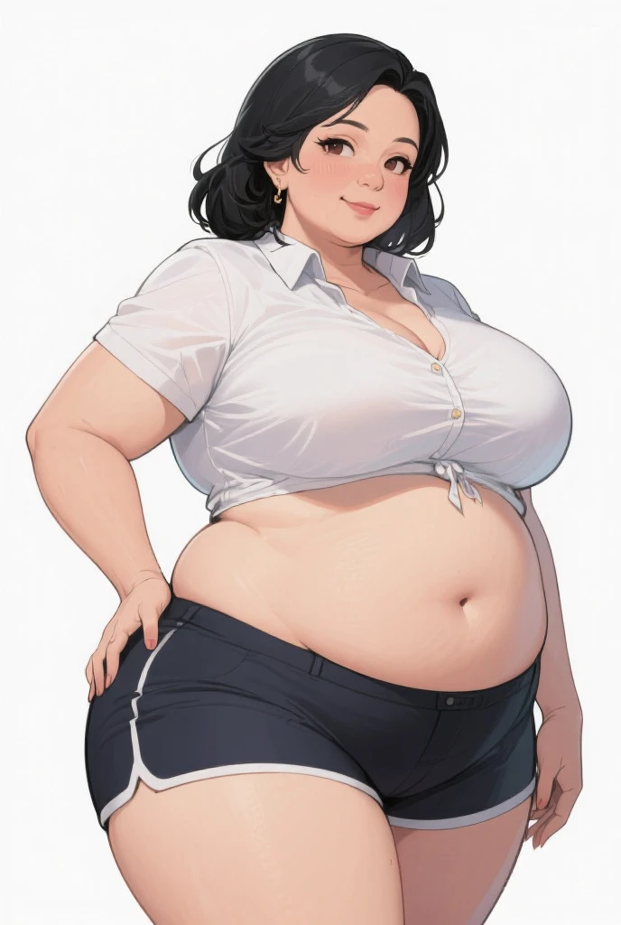 ((ultra quality)), ((masterpiece)), fat Ty Lee, 1 fat girl solo ((black short hair tomboy hairstyle)), (Beautiful face), (beautiful female lips), (), charming, ((Happy facial expression)), looks at the camera, eyes slightly open, ( white skin color), (white skin), glare on the body plus, ((detailed beautiful female eyes)), ((dark brown eyes)), (juicy female lips), (dark eyeliner), (beautiful female hands), (( fat female figure)), female body plus, beautiful waist, gorgeous thighs, beautiful medium breasts, ((subtle and beautiful)), sexy worth (), (White shirt, Black jeans) background: office, ((depth of field)), ((high quality clear image)), (clear details), ((high detail)), realistically, professional photo session, ((Clear Focus)), anime