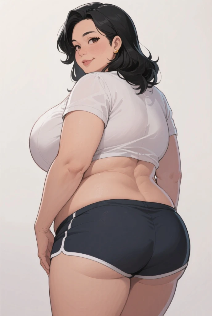 Your beautiful gorgeous sexy curvy tomboy girlfriend wearing a crop top and booty shorts,solo, blushing, grinning, accidentally cute pose, she knows you’re trying to make her fatter, she loves you, heavy chubby belly,