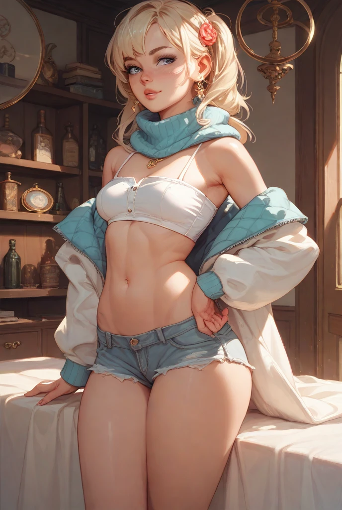 Asian woman in white sweater and blue socks posing for photo, Sexy , Gorgeous Chinese model, Sexy girl, sultry body with Sexy belly, cgstation trends, pthermalo of slim girl model, thermal , her navel exposed, Young thin gravure idol, Popular topics on cgstation, 2b, 2b, 4K]