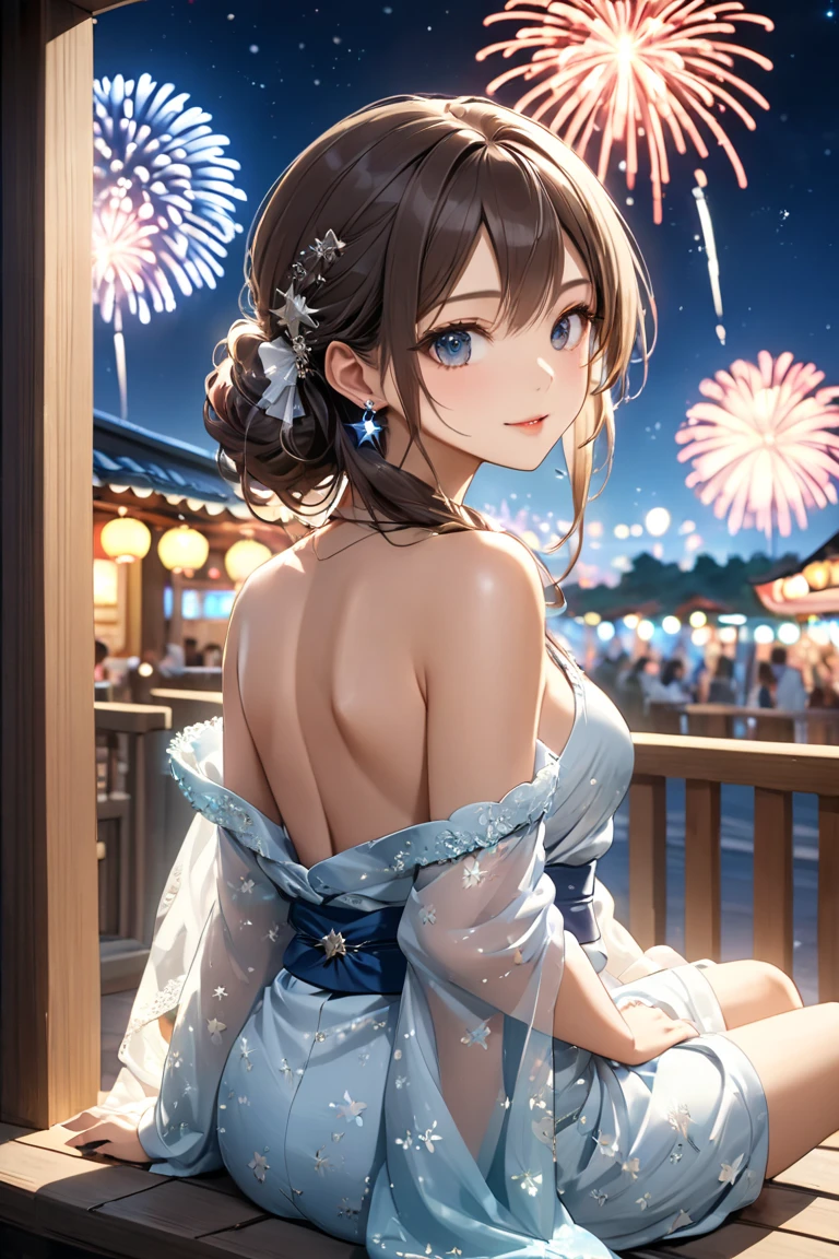 (beautiful mature adult woman),(flower hair ornament,floral braided top knot,twisted side part ponytail,floral braided headband,half up、floral braided space buns,voluminous fishtail braid,Twisted pan,),(The bangs are see-through bangs),very delicate and beautiful hair,(((emphasize the chest:1.3))),(dynamic angle),(dynamic and sexy pose),laughter、Looking back wearing a floral yukata isolated on white background、Fireworks being launched into the sky against the backdrop of the riverbank at night.、cute round face,,(table top,highest quality,Ultra high resolution output image,) ,(8K quality,),(sea art 2 mode.1),(Image mode Ultra HD,)