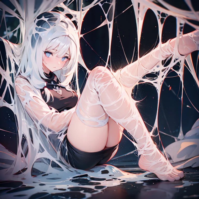 Fox ears,From the ceiling, Dim Lights, Dark atmosphere, Oil painting style, Vibrant colors, Passionate. (best quality, high resolution, Super detailed, actual:1.2), net, Trapped, Exquisite facial features, Black long hair,fear in her eyes. Spider silk covers the entire body,(gag:1.4),