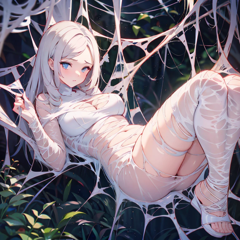 ((masterpiece、Super detailed、intricate details、high quality、distinct、delicate、Precise、An illustration))、girl 、18-year-old、150cm、40 km、C cup、thin、slim body、short hair、shortcut、suspended in the air（（（arms outstretched above、legs spread apart、Large-scale posture、spider websに絡まってる、suspended in the air、silver hair、platinum、slave、Shyness、embarrassing、scared、I&#39;m in heat、spider websにcrucifixionになっている）））torn leotard、Thin leotard、tattered leotard、Torn leotard、beautifully、risky、See-through、nipple erection、cleavage exposed、whole body、Overall view、spider webs、巨大なspider webs、（（spider websに捕らわれた少女、spider websに囚われた少女、spider websに絡まってsuspended in the airになっている、crucifixion））look away、View from a distance、My pussy is being played with