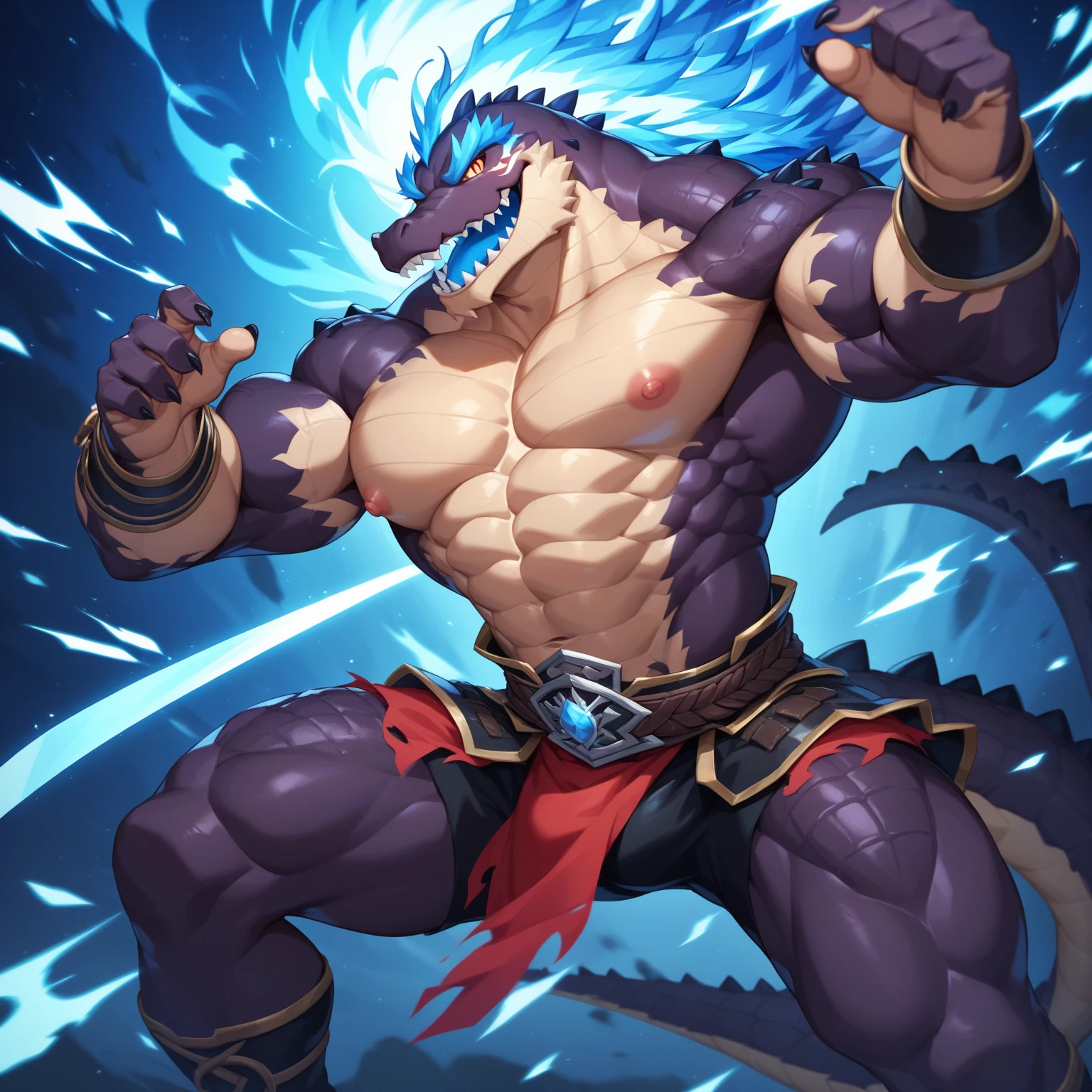 blue dragon、Sharp scales all over the body、crocodile-like body、silver mane、Pubic hair that was the other way around、Navel hair that was the other way around、Underarm hair that was the opposite、golden eyes、huge bulge in the crotch、Crotch about to burst、thunderstorm background、Kicking pose、Pose with one arm raised、Composition looking up from diagonally below、Completely naked、soaking wet、very large amount of white slime、profile、Sole