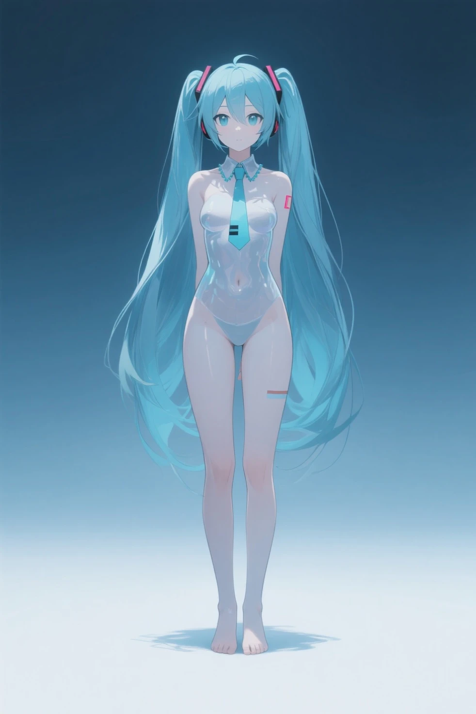 Hatsune Miku VOCALOID, Highest quality, masterpiece, Ultra-high resolution, (Realistic: 1.4), RAW Photos, 1 girl, Light blue hair, Glowing Skin, Wet body, Dramatic lighting, whole body, (((Micro Bikini)), huge
