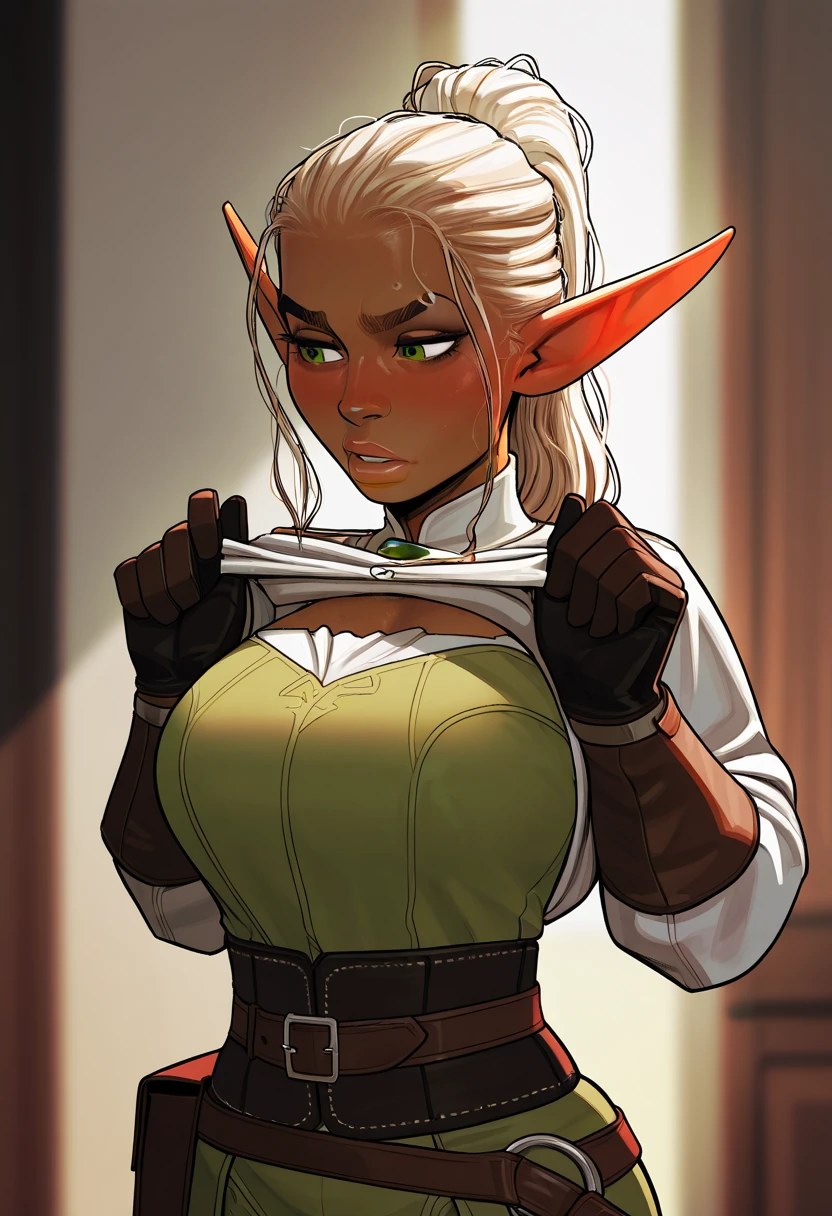 ((Masterpiece:1.5)), ((Best Quality:1.5)), Dwarf Woman, elf ears, Bimbo style, ((beatiful face:1.7)), ((Beautiful eyes:1.5)), full lips, big breasts, big hips, fantasy clothes, standing straight, full height