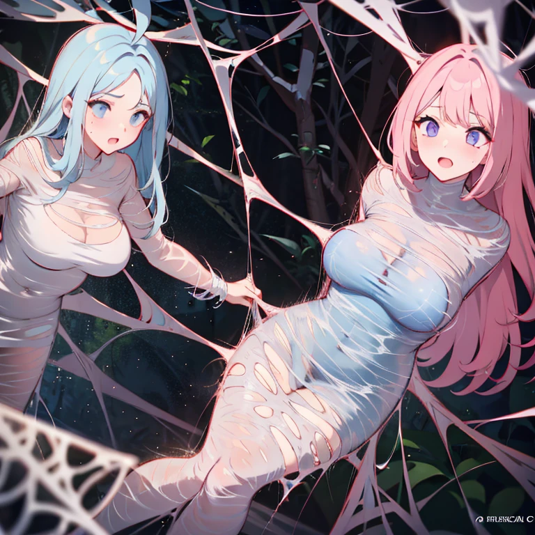 masterpiece, best quality, 1girl, solo, looking at viewer, sakura haruno, floating hair, pink hair, large breasts , breasts out, (arms behind back:1.4), hanging,spiders in the web,long spider, desperate,struggle, entangled, embarassed face, despair,cocoon, blushing face, gag, silk gagged