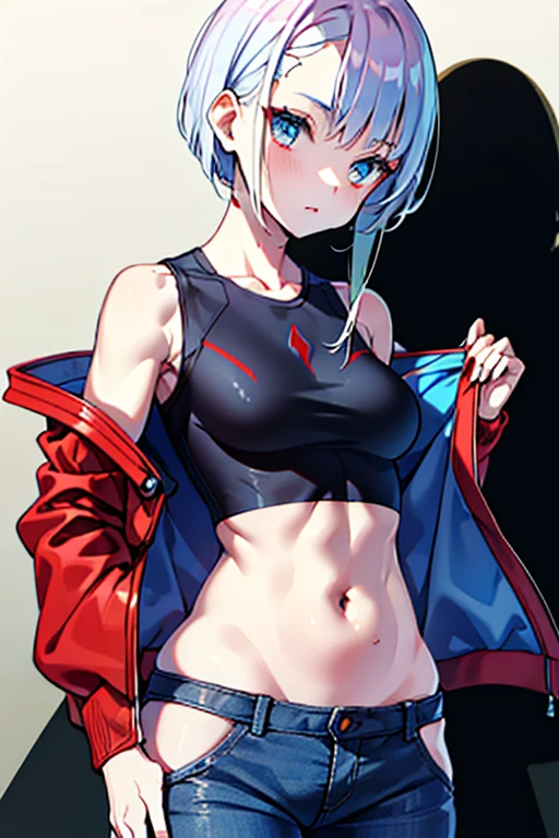 (masterpiece:1.2, best quality), (graffiti wall:1.15), 1lady, beanie, jacket, Leggings, blue eyes, fullbody, large breasts, masterpiece、hyper details, ultra-quality、ultra-detailliert、Perfect drawing、Solo、large wing, city backgroung, multi-colored hair red-blue, abs, Detailed eyes, clothes between breasts female focus hairless halter top looking at viewer medium breasts navel outside pink eyes public public nudity spiked bracelet thigh gap, beatiful backgrounds、Accurate drawing、Detailed drawing、high-class sense、Open、Functional、(Composition with an emphasis on the chest)、(Shine a light on the subject)、a girl sitting on the side walk holding a gun, thick body, Short multicolor hair