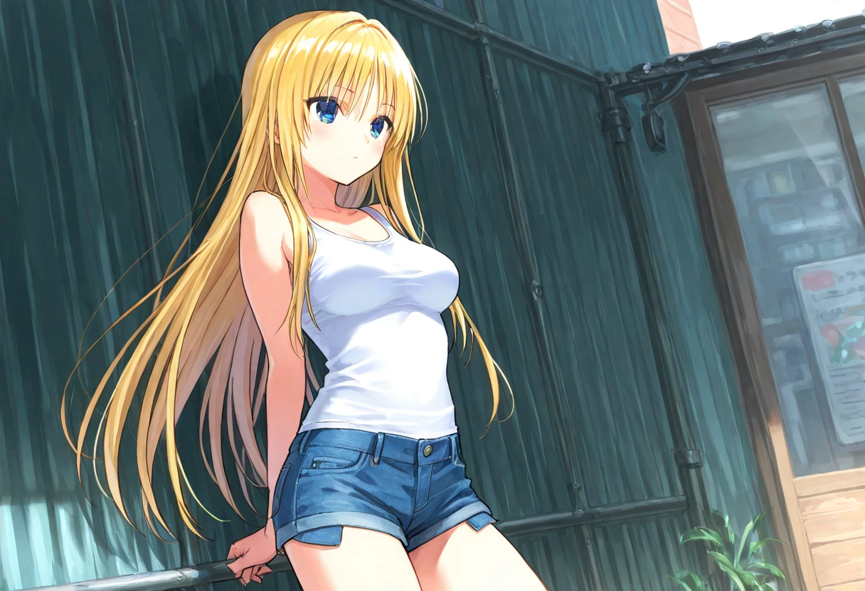 1girl, akizuki airi, blue eyes, blonde_hair, twintails, very_long_hair, she is wearing it in her hair_ornament red, hair_scrunchie red, medium_breasts, wearing a white tank top, some blue jean shorts, with a red belt, She is wearing thigh high stockings, feet, full body, she is lying on a white sheet, Dakimakura, top view, ranking: explicit,