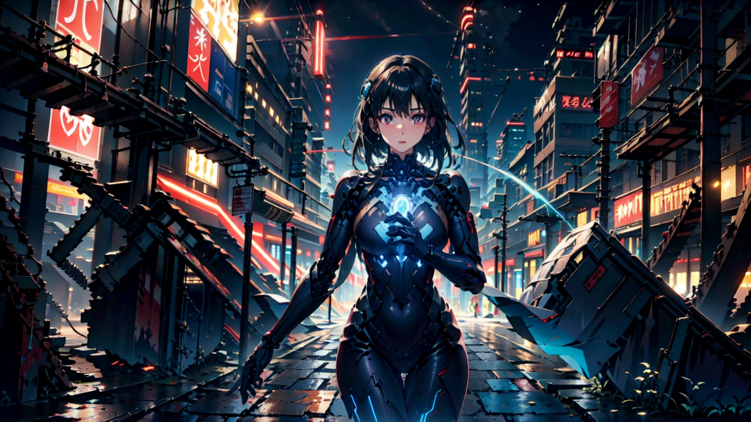 Girl from behind holding a futuristic gun, Wearing a realistic sci-fi plug suit lit by neon lights、Realistic and detailed beautiful face girl, masterpiece, 4K, Ultra-high resolution, Sharp focus, Cinema Lighting, Midnight Aura, Highest quality