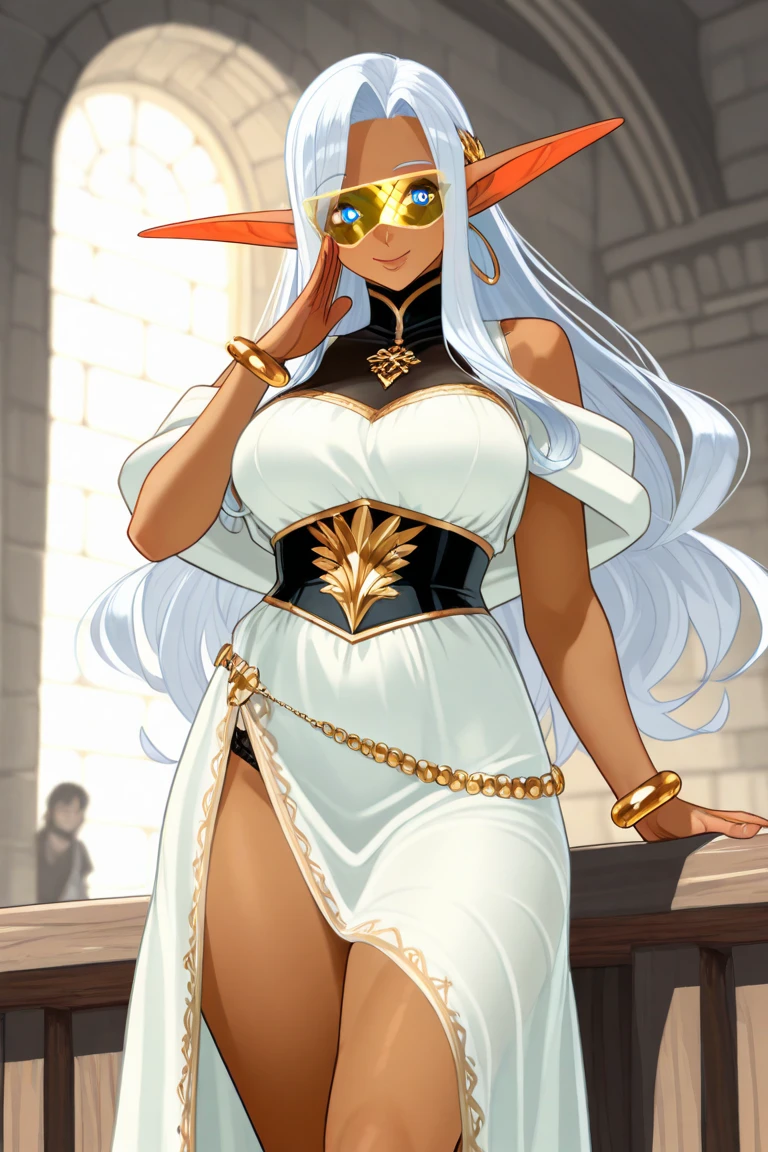 ((High quality)),((Elf Woman)),((Dark Skin)),((Green eyes)),((Sexy body)),(Average boobs),((White Hair)),((Wearing elegant clothes))