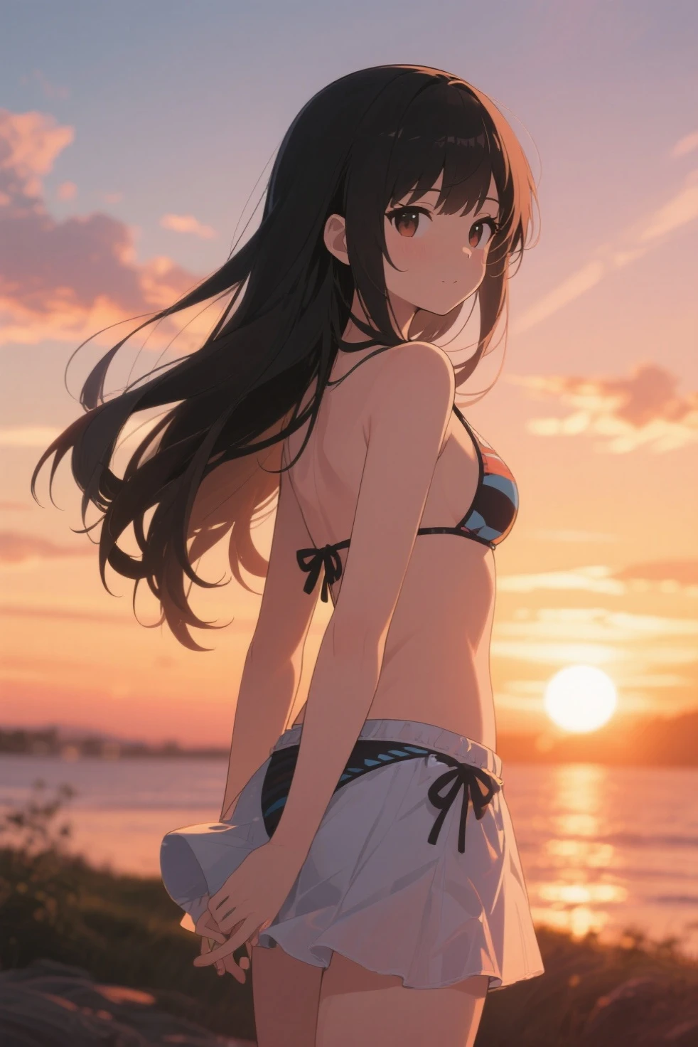 Japanese anime style,A young girl stands on a deserted white sand beach, Red Bikini、Red Bikiniを着ている,A beautiful sunset in the background, The sky and sea dyed in the sunset、The girl has a relaxed look, Capture the calm and tranquil atmosphere of a beach evening、Beautiful fingers,Beautiful Hands,Points First,nail,arms behind back
Seaweed、Seaweed、Seaweed、Seaweed、Seaweed、Seaweed、