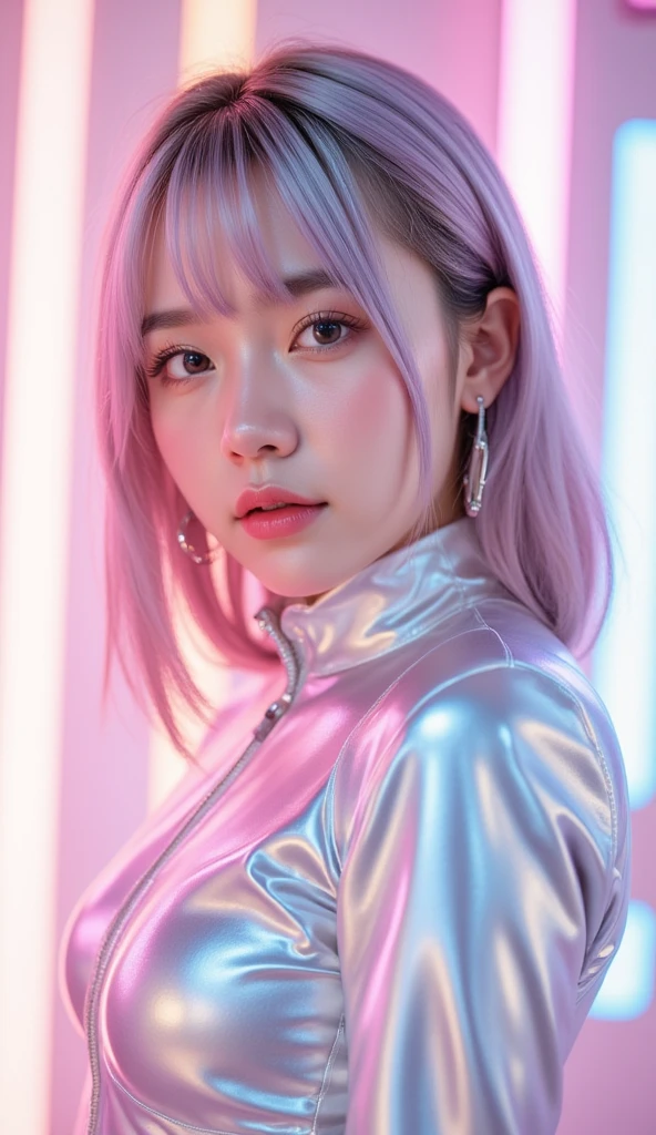 An scenary of fancy cars in a dark starred night. A woman with long lavender purple hair. She accessorizes with gold hoop earrings and a lavender-colored necklace, she also has a Magenta hat. She wears an open fluffy pink jacket and a pink bra as well as a pink choker. She also wears a belt with a gold ring and has golden bracelets on her left hand.