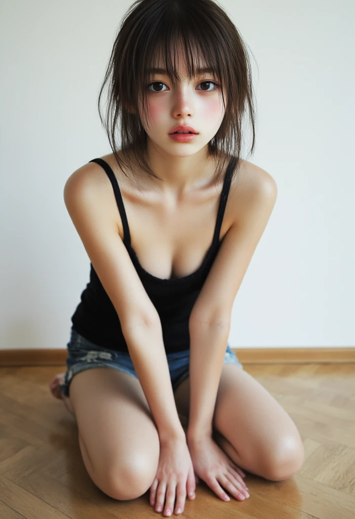 Wearing a camisole、Leaning forward、Small breasts female student