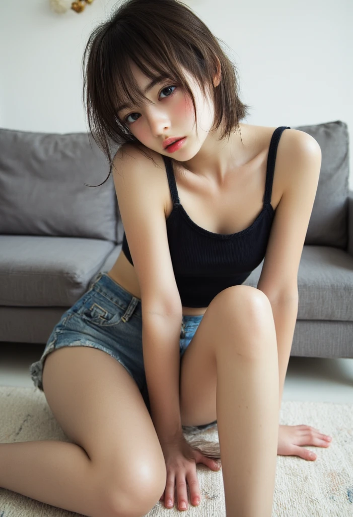 Photorealistic beautiful female student、18-year-old、amazingly beautiful、beautiful body、(highest quality、8K、32K、masterpiece、nffsw:1.3)、ultra high resolution,(Photoreal:1.4),RAW photo, detailed face,,beautiful hair, ((Doctor Style)), ,very short hair 、very short hair、amazingly beautiful二重まぶた、beautiful nipples、 natural makeup,, small perfect breasts, wet hair、detailed background, perfect lighting, Depth of written boundary, beautiful shadow gradation、thin thighs、(whole body)、、wet body、、Beautiful and slim perfect body、beautiful high nose、Trimmed thin pubic hair,((perfect anatomy,nice hands,perfect hands,five fingers connected to the palm)),perfect bare feet,delicate legs,perfect proportions,sexy,,((gym uniform, gym shirts, white t-shirts, buruma)),,black socks,chano leather shoes,(Sitting on the stairs inside a Japanese school),I can see your crotch,