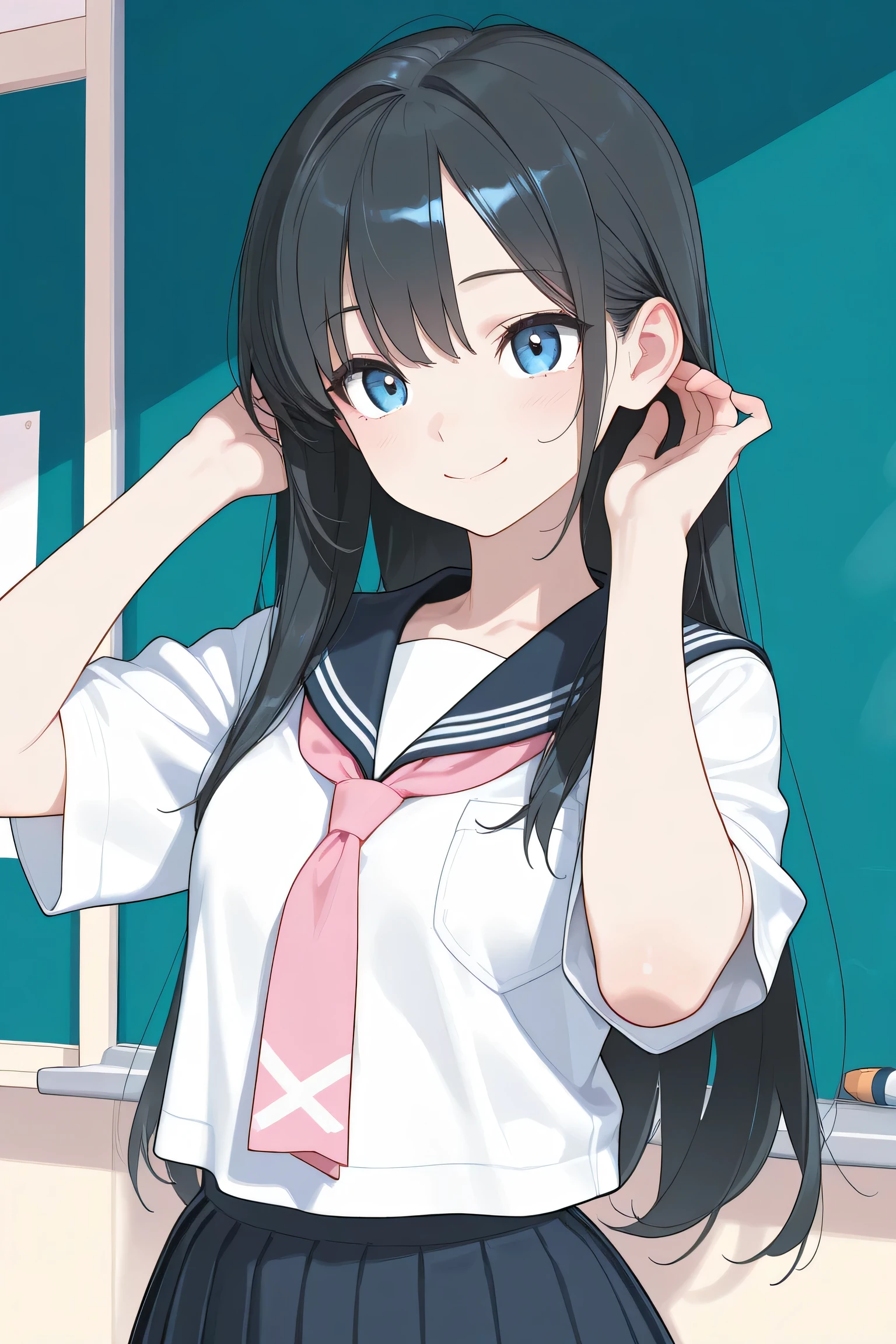 masterpiece, Highest Quality, 2D, flat shading that doesn't depict false ears, looking at flat illustration, pastel color , low contrast , Line Art, rough pattern , one girl, sexy , mature , clear , pale classroom background , dark blue sailor suit , skirt for ears , pink triangle tie , high school girl , blue eyes , Cute eyes , Watery eyes , long hair , black hair straight , reddened cheeks ,medium chest , Smile, Wide-open eyes, detailed eyes , detailed eyes , from before , Does not depict a hat , Does not depict false ears