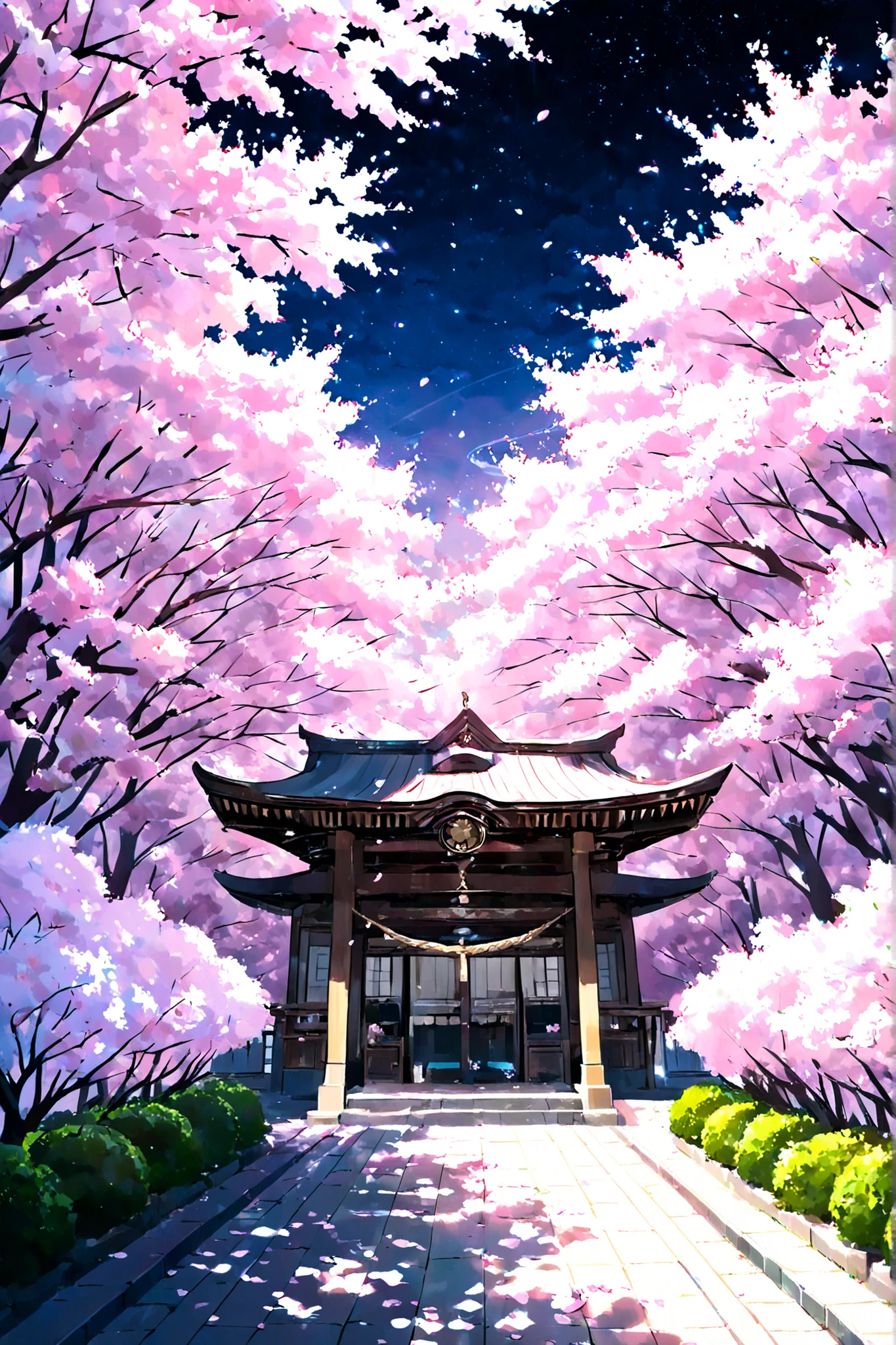 Traditional Japanese Nighttime Scenery。Sakura Fubuki、cherry blossoms in full bloom、