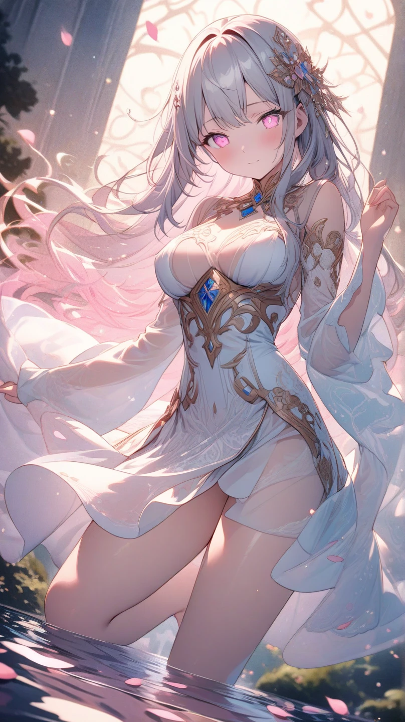 Emilia princess from Re:Zero kara Hajimeru Isekai Seikatsu, half elf, ((gorgeous white and purple elegant silk wedding dress, holding a bunch of clematis, silk accesory, veil, silver necklace, diamond ring, flower earring, belt, collar, silver crown, silk long sleeves)), grace hair style, garden background, ((perfect body shape, medium breast, empress and forzen aura, flower and feather flying effect, clean detailed skin, silver and light purple pupil, blush)),  best quality anime 16k wallpaper quality, extreme eye and body detail, spiral energetic girl, spirit around, high resolution , masterpieces, ultra lighting,
