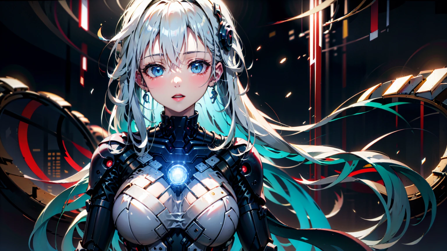 A photograph of a twenty-something Japanese android made of glossy white and silver translucent glass and plastic, maquiagem e penteado de gueixa, mecanismos internos do corpo em metal prateado, Dynamic Pose, fluid organic construction, circuito dourado brilhante, acabamento neon colorido, circuito brilhante, neon trim, profundidade de campo foco f/2.8, arte de H.R. show, Greg Rutowski