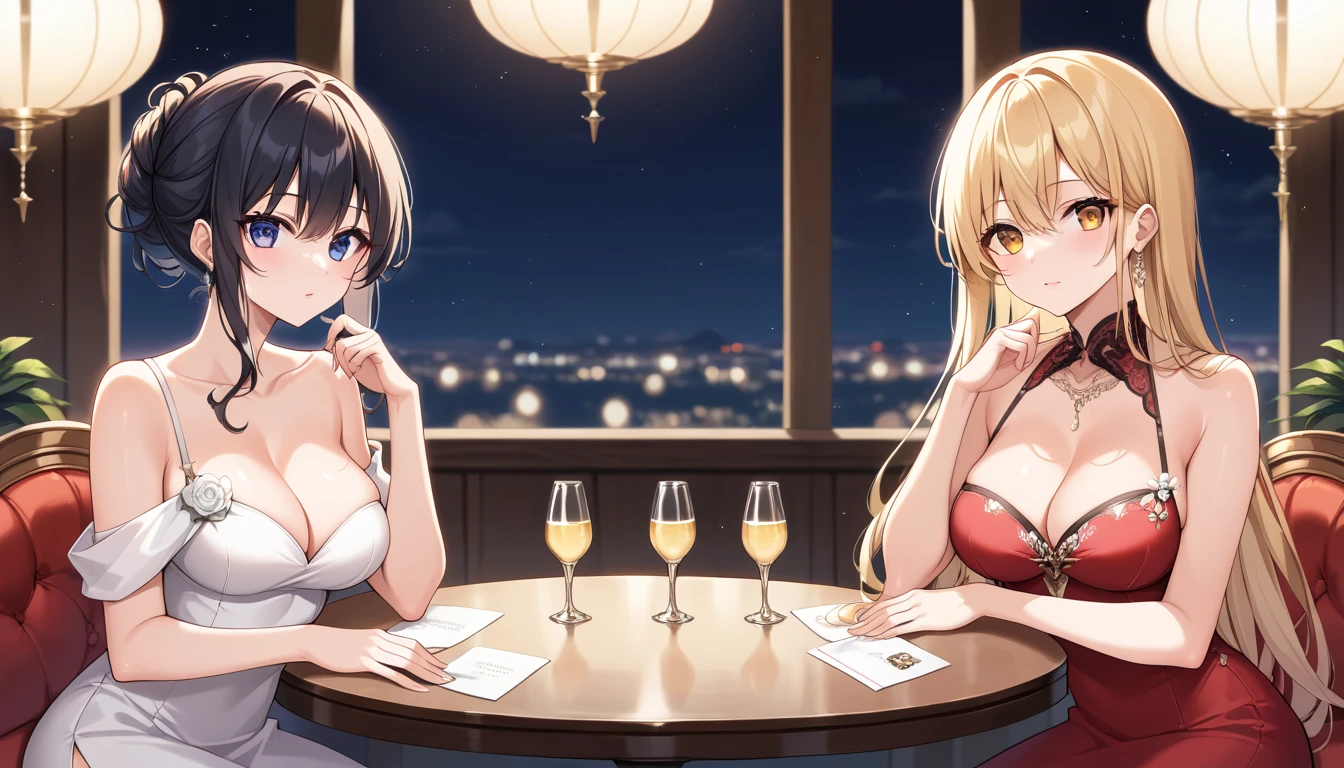 Anime Moe Art Style,Highest quality,High resolution,Anatomically correct,Multiple Girls,Mid-teens,Mr.々Hair style,Super detailed,Big Breasts,Shiny skin,Beautiful Skin,A rich expression,A big smile,high school girl,Gal-style girl,Nipples are visible,banquet hall,Baseball Fist,Show off your chest,Poses that accentuate the chest,Sexy pose,Eyes drawn in detail,8K
