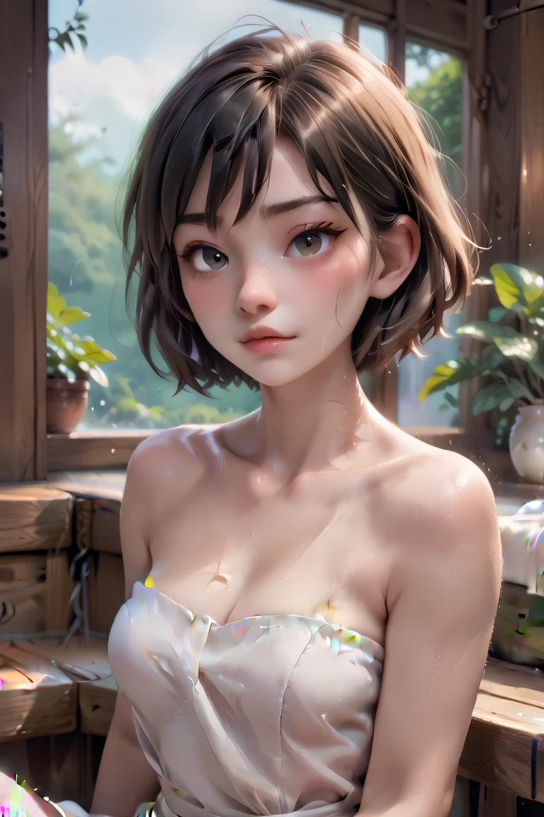 Max Caulfield, a beautiful young girl with short hair, detailed facial features, bright blue eyes, freckles, flat chest, slim  body, thin waist, slender thighs, looking directly at the camera, portrait, highly detailed, 8k, photorealistic, natural lighting, warm color tones, cinematic, masterpiece, nudebia, v, brownes