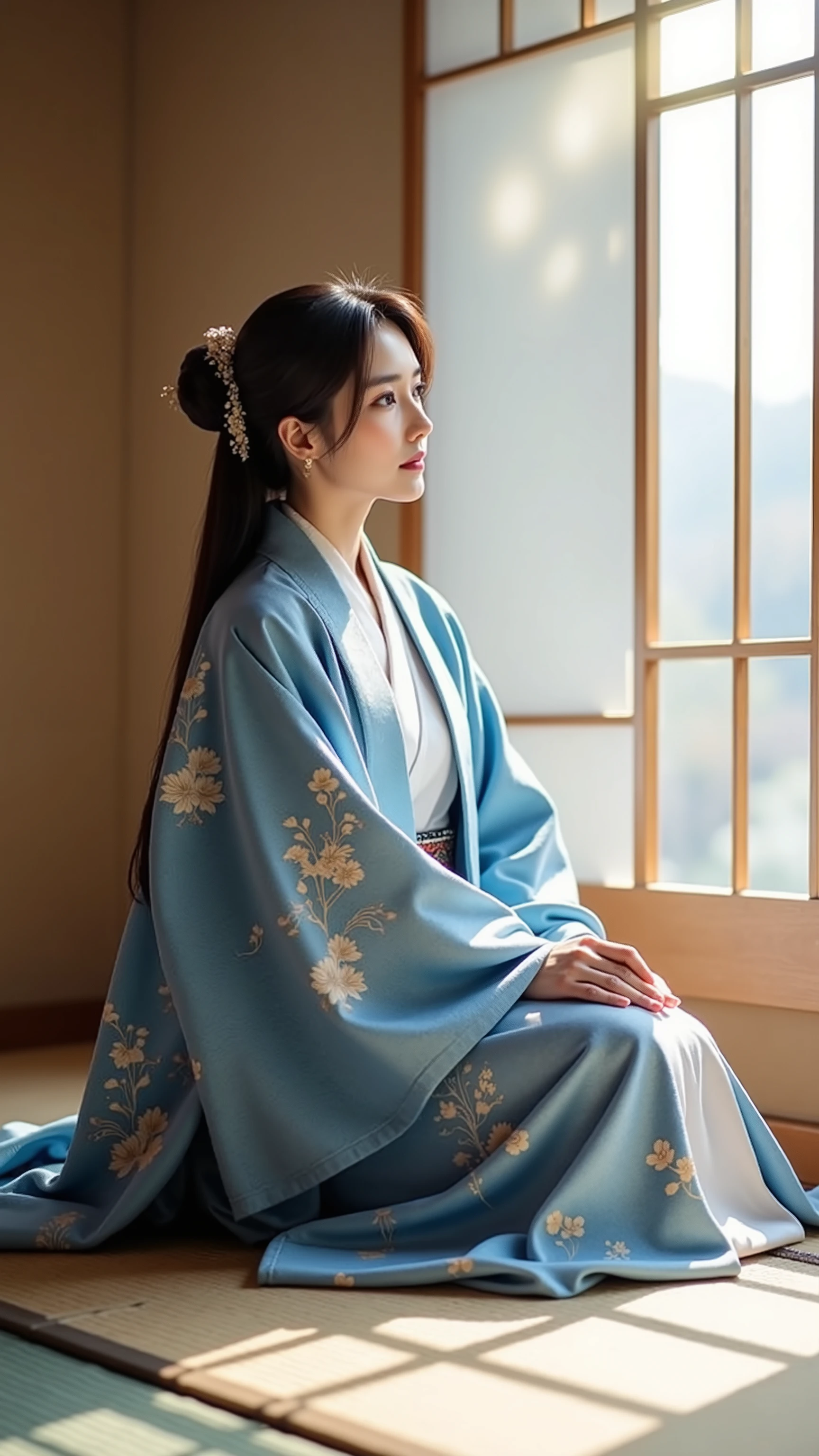 Ar311,sitting gracefully by the window、soft sunlight shines into a traditional Japanese-style room {x} wearing a flowing blue Japanese robe with a complex and exquisite natural pattern、a delicate white kimono and, Sit gracefully by the window, pensive、staring at the scenery outside. gently shining shadows on tatami mats, a gentle Asian woman.