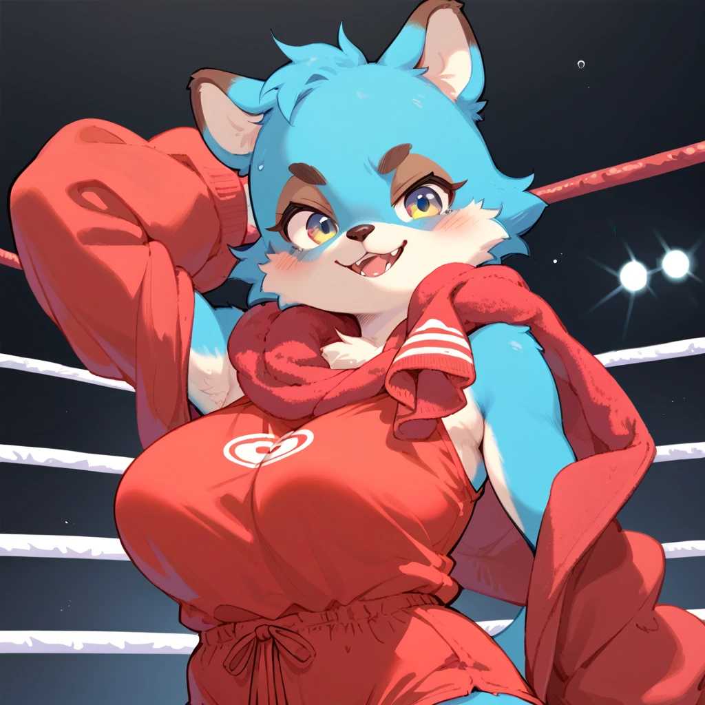 2girls, wolf and fox, furry, bodyfur, tail, collar, topless, big breasts, jeans, long pants, glove, boots, chibi, sparkling eyes, full body, boxing, punching, fighting, battle