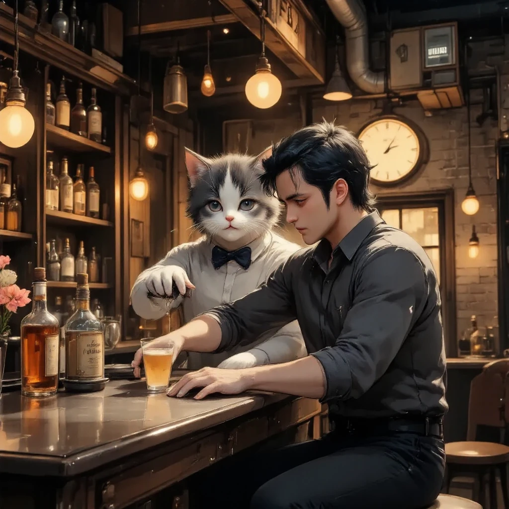  hideout, bar,vintage,cat bartender,1boy is Rei