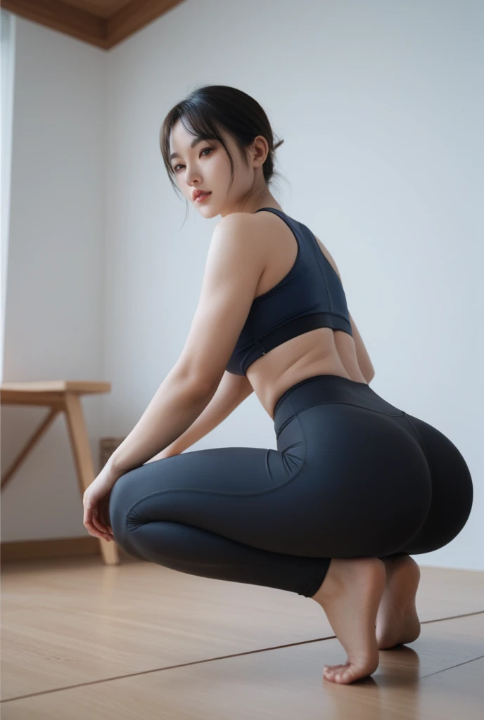 A Korean woman with a big butt in blue yoga pants squats backwards on a yoga mat