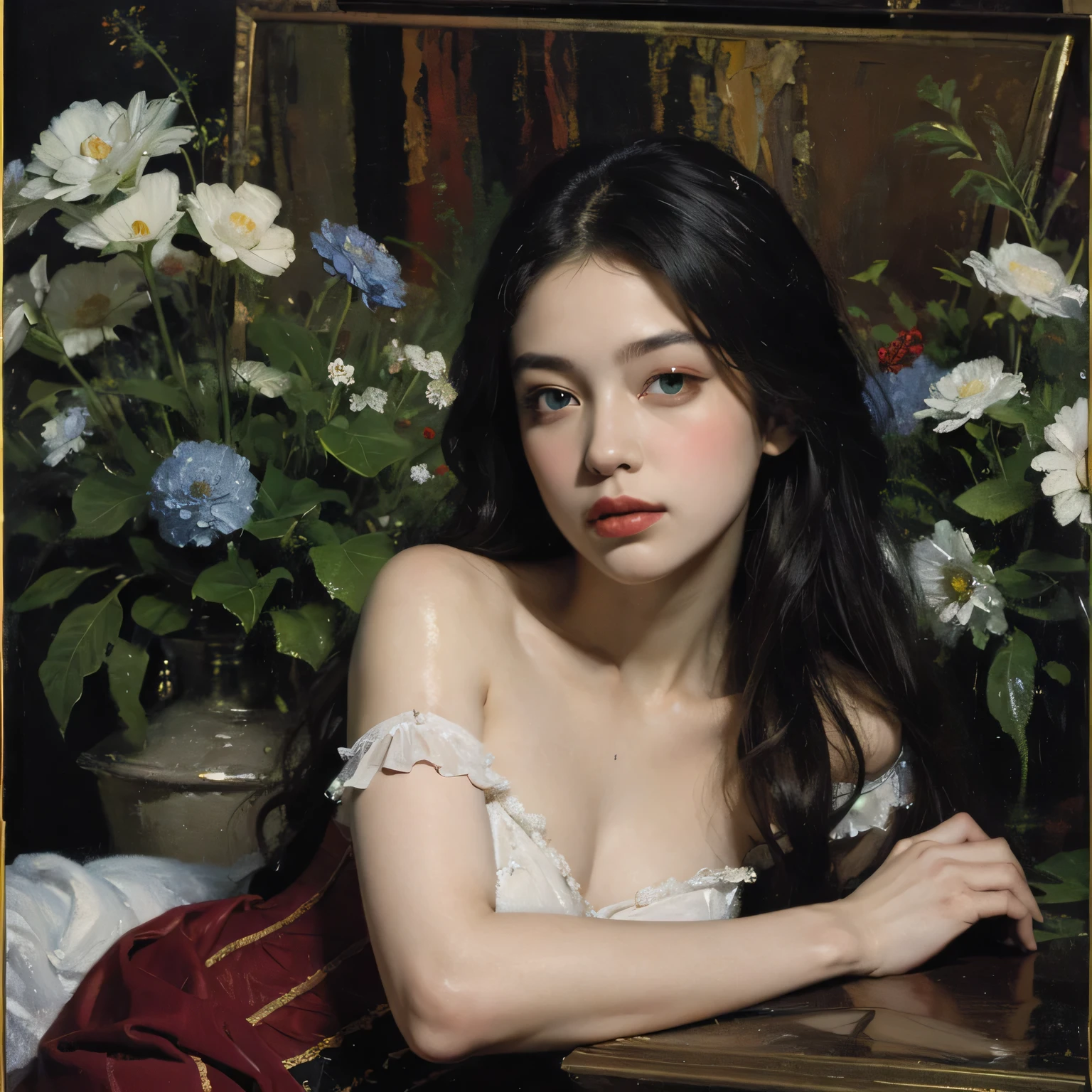  (oil painting:1.5),
\\
a woman with long black hair and white flowers in her hair  laying down in a field of white flowers, (amy sol:0.248), (stanley artgerm lau:0.106), (a detailed painting:0.353), (gothic art:0.106), (naked:1.5)