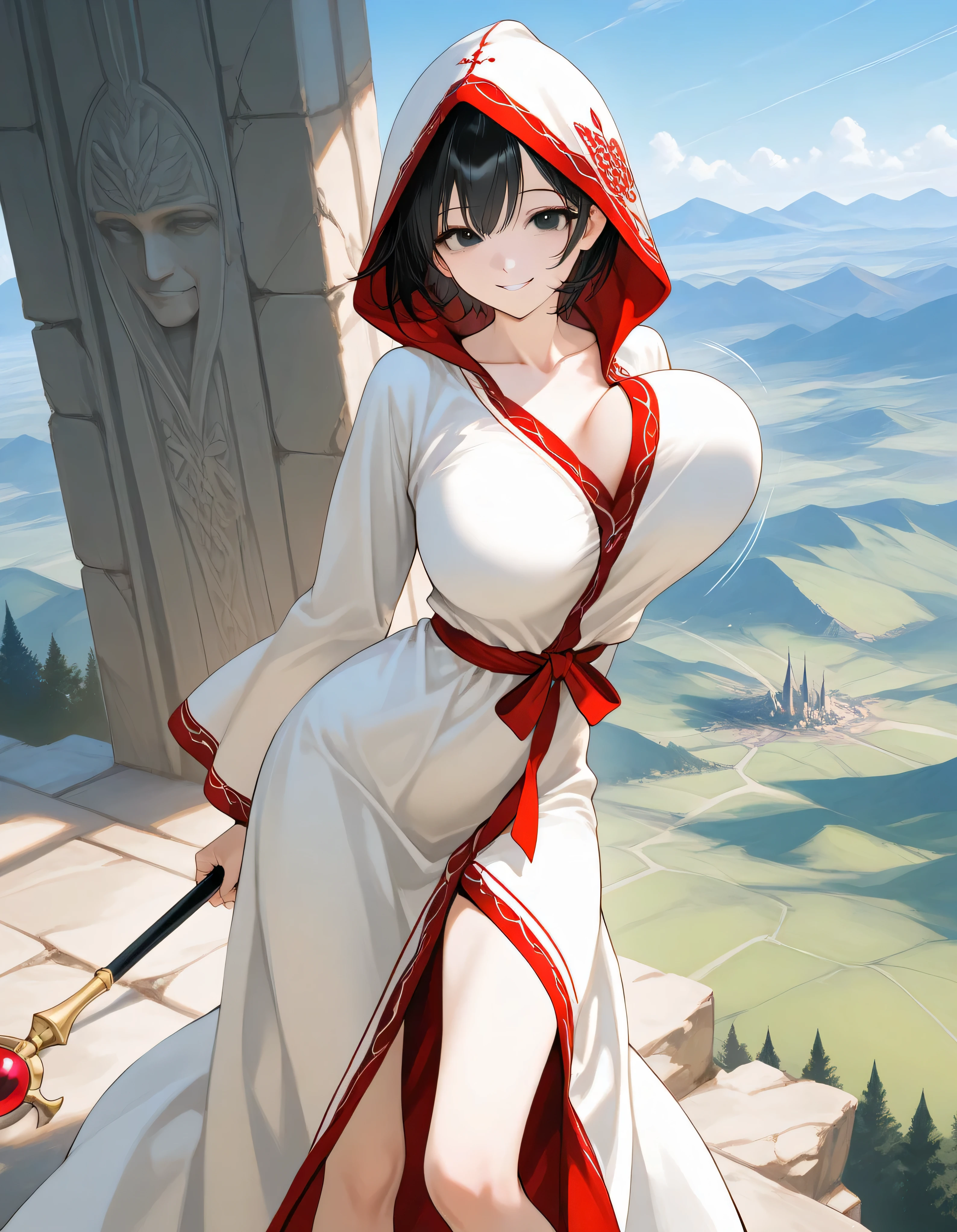 score_9, longlegs_v0.22_pony, BREAK, solo, 1 skinny girl standing, baby face, black eyes, black short hair, BREAK, (bursting large breasts), (too short torso), (too short waist), too narrow waist, skinny legs, BREAK, smile for viewer, arched back, arms behind back, bouncing unaligned breasts, BREAK, very long white robe with hood, long robe under knee, (red embroidered white robe), long sleeve, collarbone, (holding 1 long scepter with large head), (scepter longer than 2 meters), embellish scepter with carving eagle, BREAK, landscape, orgasm