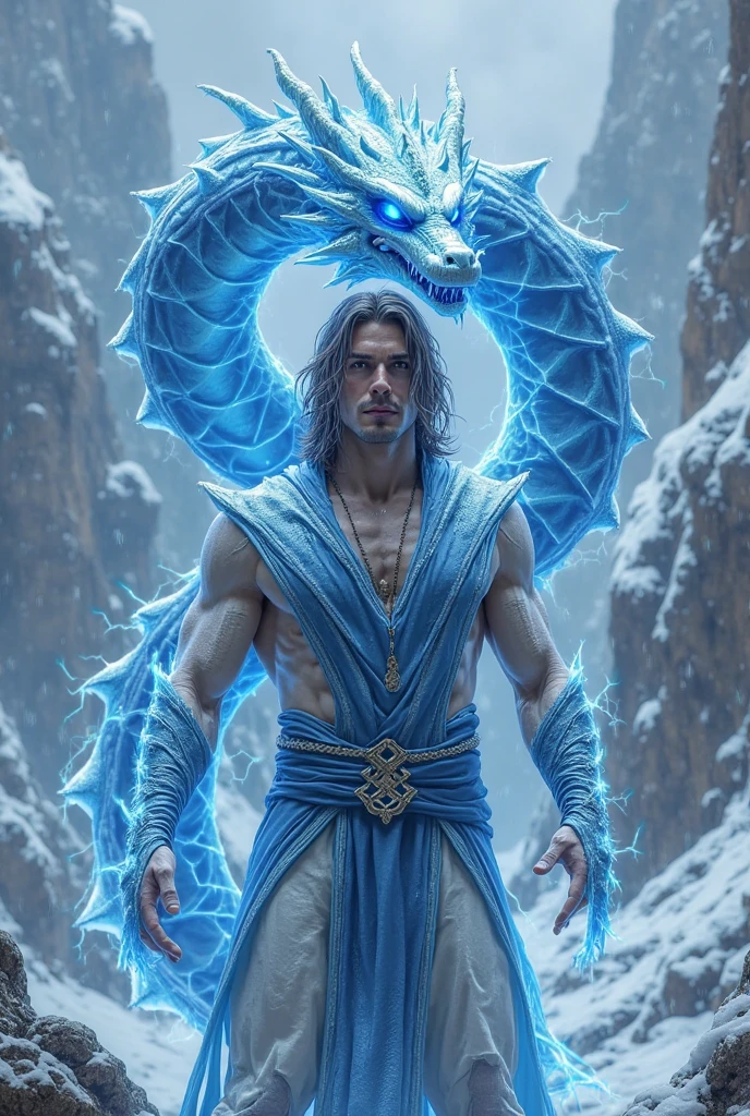 19 years old male top nude white skin brown hair muscular mortal kombat karetker has big realistic wild blue big ice dragon wrapped around his body icy mountain blue lightning red full moon red realistic picture get a realistic picture front and closeup