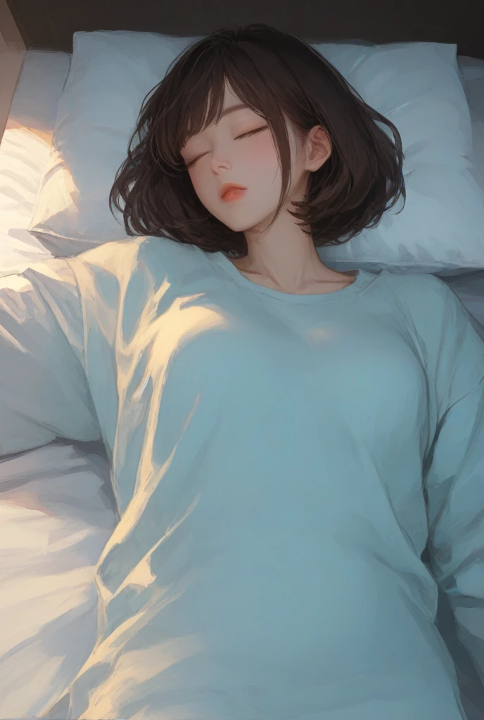 short hair, brown hair, yellow glowing eyes, perfect lips,sleepy look ,  ready to sleep, cute expression, cute face, laying in the bed,  pajama, pillow, tank top, babe doll , sleepyhead pose, ultra detailed face, long eyelashes, sharp eyes , Fullbody shot, dinamic viewer, night sky , dinamic point of view, diferents point of view, room, dinamic picture , laying in the bed