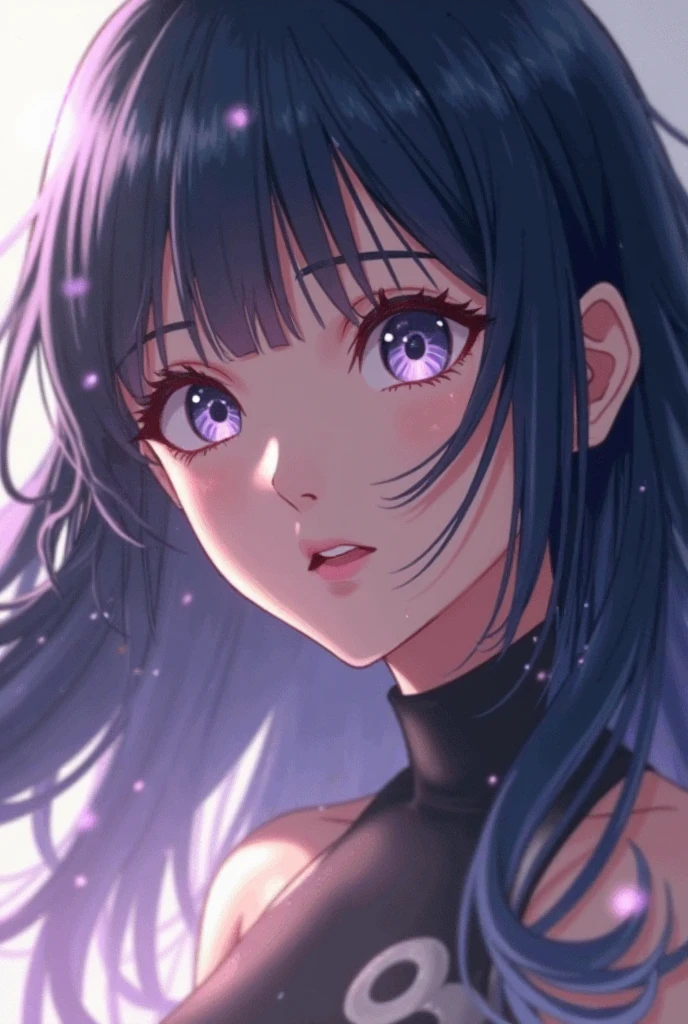 ((best quality)), ((masterpiece)), (detailed), perfect face. Asian girl. Purple hair. Purple eyes. Star eyes. Topless. Small breast. Smile.