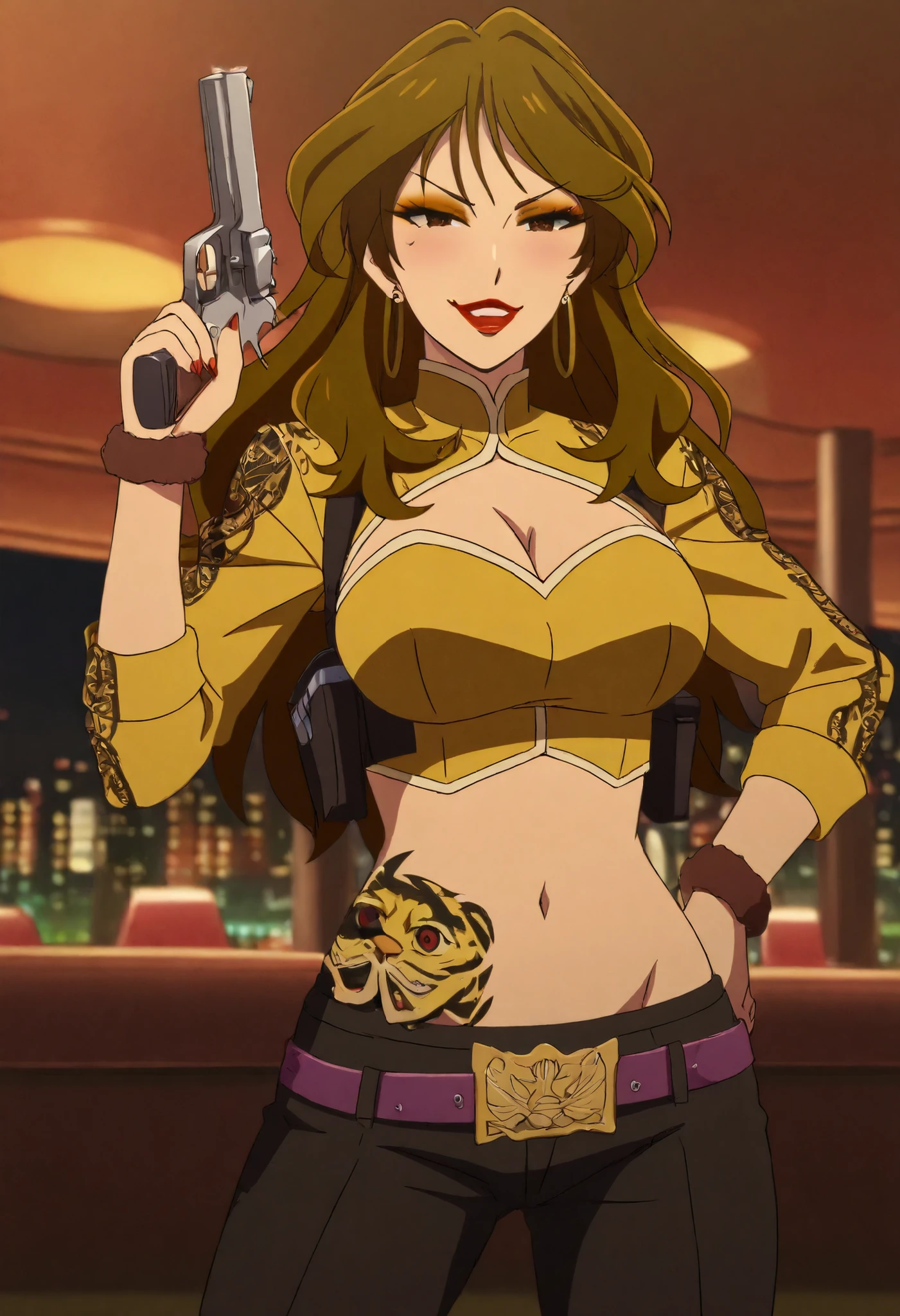 Smooth Quality,masterpiece,very intricate, high quality details, ultra realistic, high detailed skin,detailed enviorement,absurdres,
lion_cnr, 1girl,brown hair, long hair, brown eyes, makeup, eyeshadow, lipstick,, ,, crop jacket, ,peacoat, ,slim fit pants, , ear piercing, long hair, blush, lipstick,Hot girl, baddie, smoking, sensual, attractive ,bar
background, inside bar,indoors, cityscape, casino, nightclub, city lights, masterpiece,high
quality,4k,belly,,holding pistol,cleavage, , smile, open
mouth, (nsfw) not safe for work, evil expression,belly, exposed navel, exposed midriff,
exposed lower belly,dragon print jacket, ,,shoulder holster ,looking at viewer , dragon tattoo on waist, narrowed eyes, tattoo on waist, anipai_style , anime screencap , anime coloring, v-shape eyebrows